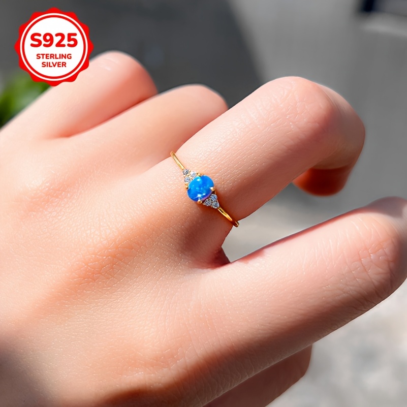 Women's 925 Sterling Silver Golden Plated Retro Style Round Opal Engagement Ring